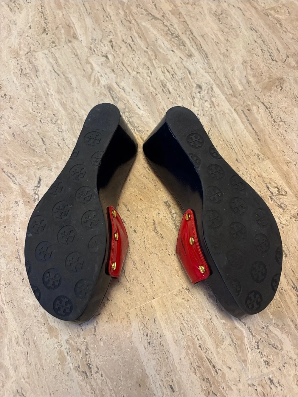 Tory Burch Red Patent Slide Mules with Gold Logo